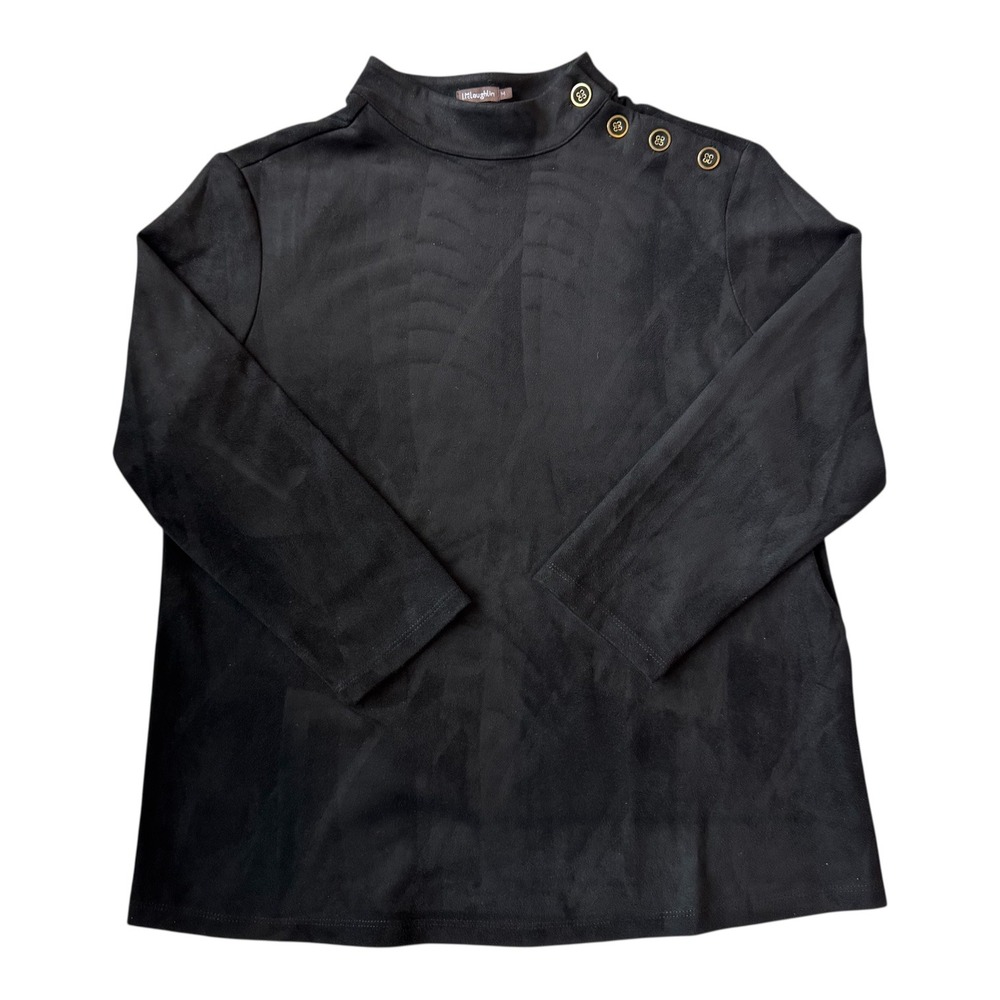 J.McLaughlin Sueded Stretch Knit Mock‎ Neck Button Shoulder Top Black Gold Med